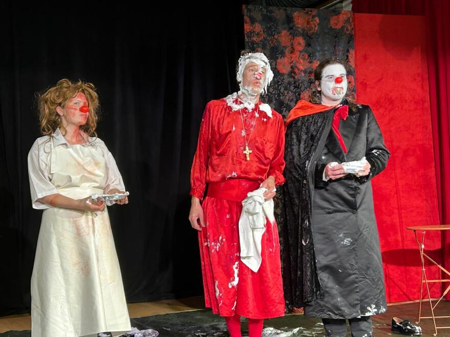 From left: Gaulier students Alayna Perry, Brian Byrne and Joseph Bucci receive feedback on a short skit involving a pie in the face.