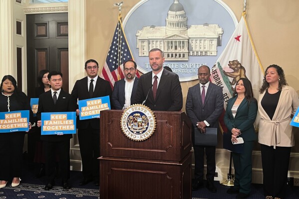 California Democratic lawmakers announce a bill to tax companies profiting from immigration detention facilities at a news conference in the state Capitol in Sacramento, Calif., on Wednesday, Jan. 28, 2026. (AP Photo/Sophie Austin)