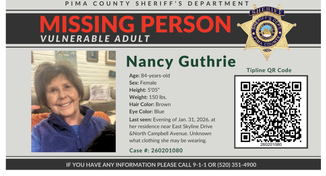 This image shows a missing-person alert about Nancy Guthrie. Her photo is on the left, and on the right are details such as her age, height and hair color, as well as information about where and when she was last seen.