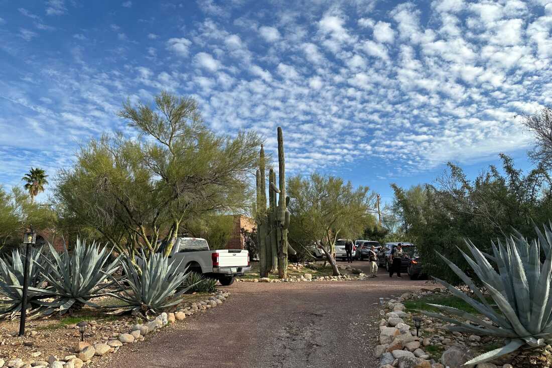 Law enforcement officers are seen at the home of Nancy Guthrie near Tucson, Arizona, on Monday. The brick home is surrounded by cactuses and other succulent plants.