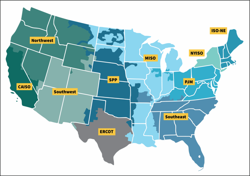 A map of the United States showing the nation’s regional wholesale energy markets.