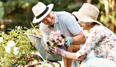 Shot of a smiling senior couple gardening in their yard.