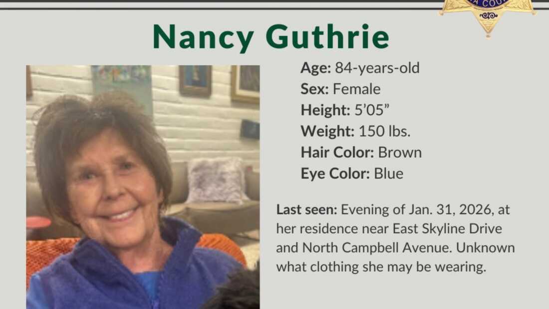 This image provided by the Pima County Sheriff's Department on Feb. 2, 2026, shows a missing person alert for Nancy Guthrie.