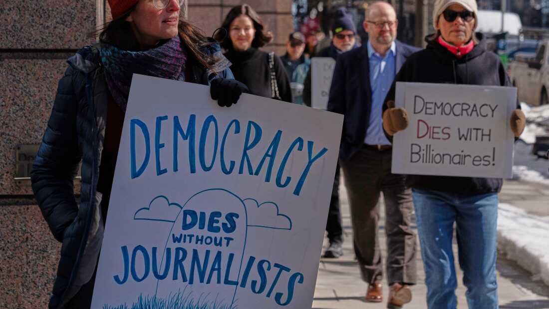 Sarah Kaplan, a Washington Post journalist, protests outside of the newspaper's headquarters on Thursday, Feb. 5, 2026. That same day, CEO Will Lewis was photographed at the NFL Honors in San Francisco.