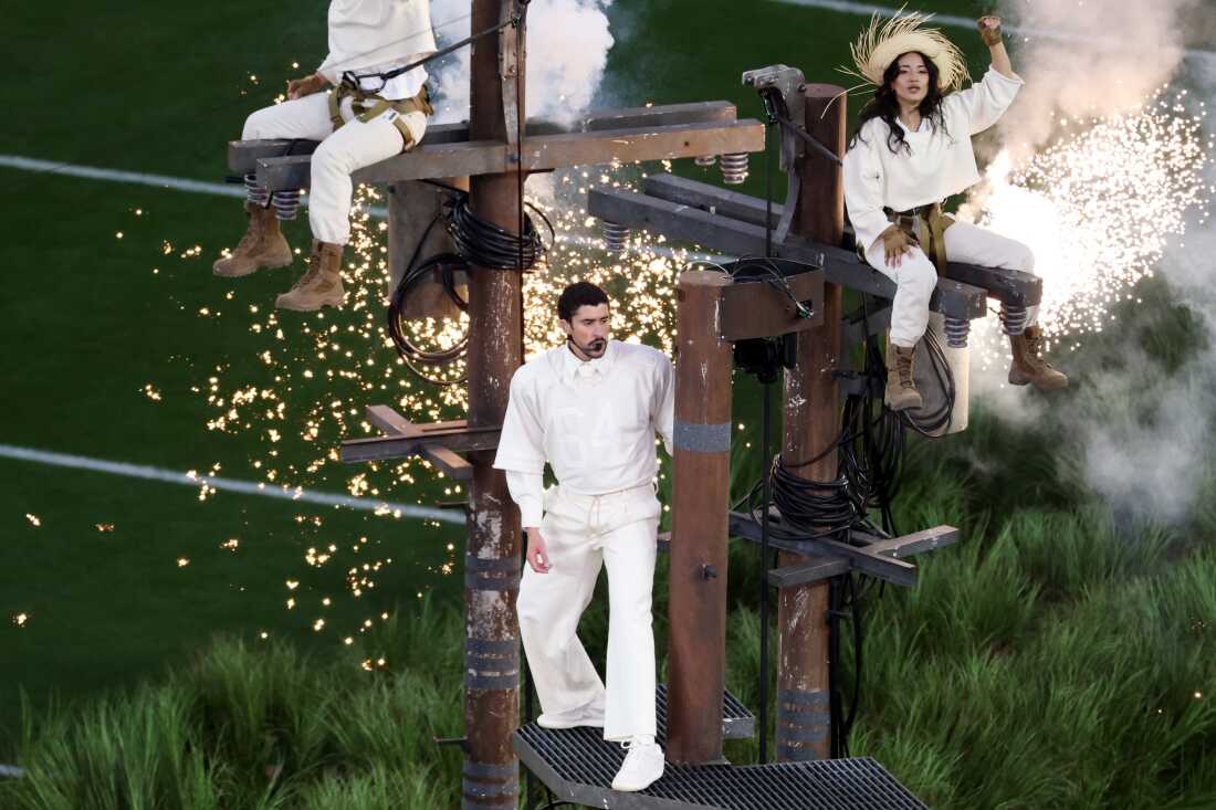 During his song "El Apagón," which means "The Blackout," Bad Bunny performed on replicas of electrical poles, in a pointed reference to the problems Puerto Rico's electrical grid has struggled with.