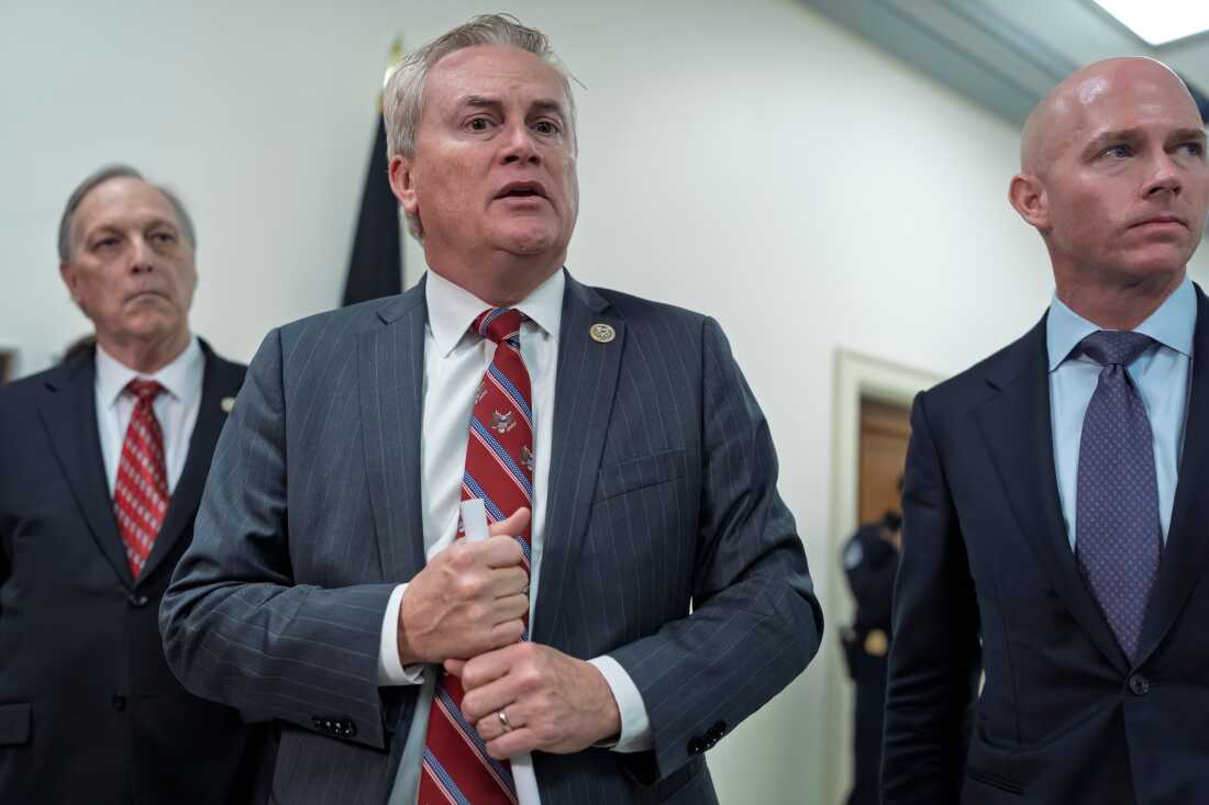 House Oversight Committee Chairman James Comer, R-Ky., flanked by Rep. Andy Biggs, R-Ariz., left, and Rep. William Timmons, R-S.C., speaks to reporters after a closed-door deposition with Ghislaine Maxwell, the former girlfriend and confidante of sex trafficker Jeffrey Epstein, at the Capitol in Washington, Monday, Feb. 9, 2026.