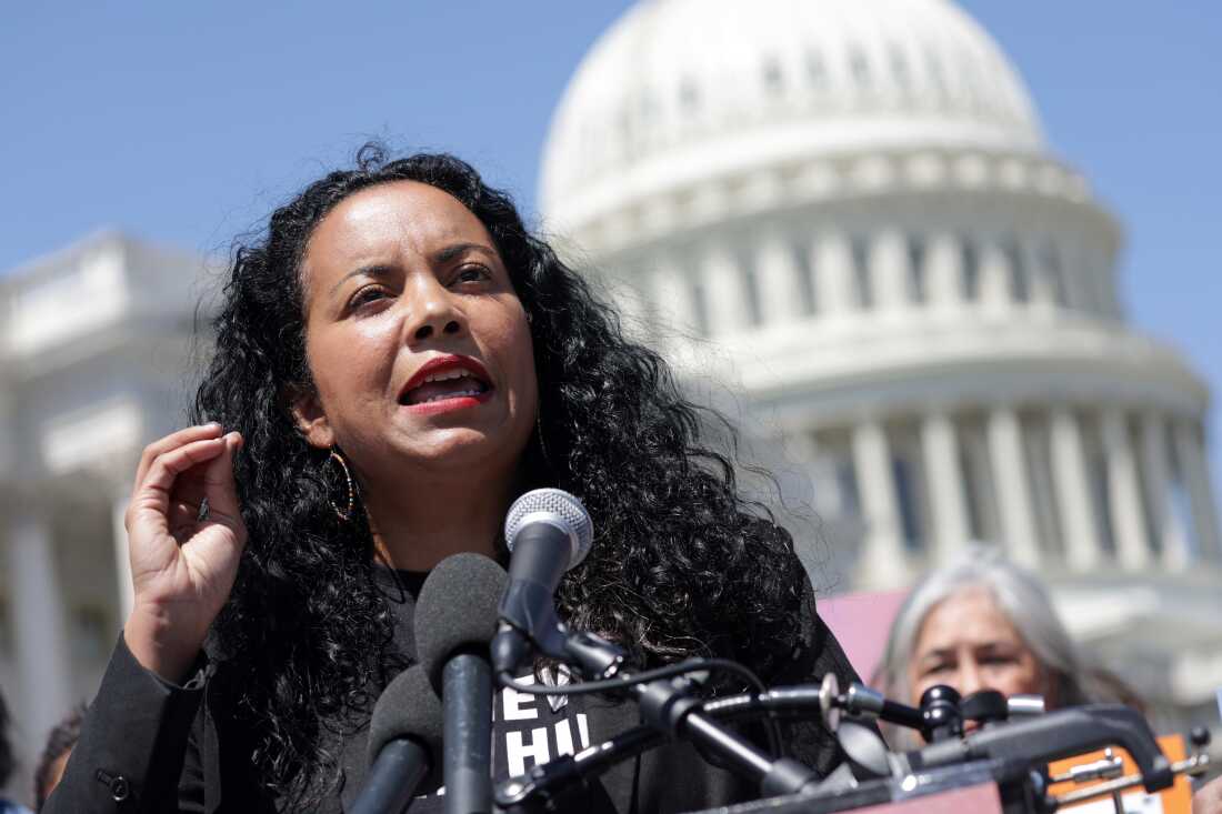 Analilia Mejia, co-executive director of Center for Popular Democracy, speaks during a news conference outside the U.S. Capitol on April 19, 2023 in Washington, D.C.