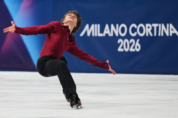 Deniss Vasiljevs of Latvia competes during the men's figure skating short program at the 2026 Winter Olympics, in Milan, Italy, Tuesday, Feb. 10, 2026. (AP Photo/Francisco Seco)