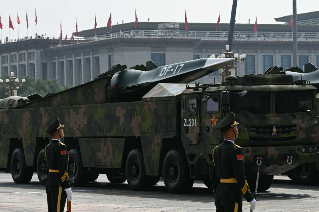 A DF-17 road-mobile medium-range ballistic missile is seen during a military parade marking the 80th anniversary of victory over Japan and the end of World War II, in Beijing's Tiananmen Square on September 3, 2025.