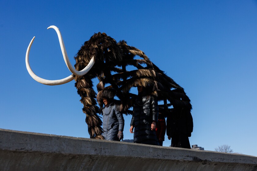 Dancers donning the mammoth costume walk past for the video portion of “Nick Cave: Mammoth” a series by artist Nick Cave during a video shoot near the Theater by the Lake at North DuSable Lakeshore Drive and West Fullerton Parkway on the lakefront, Tuesday, Jan. 13, 2026.