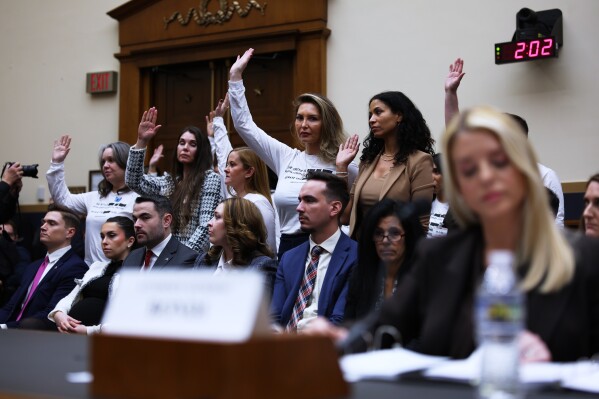 Attorney General Pam Bondi testifies before a House Judiciary Committee oversight hearing on Capitol Hill in Washington, Feb. 11, 2026, in front of survivors of convicted sex offended Jeffrey Epstein. (AP Photo/Tom Brenner, File)