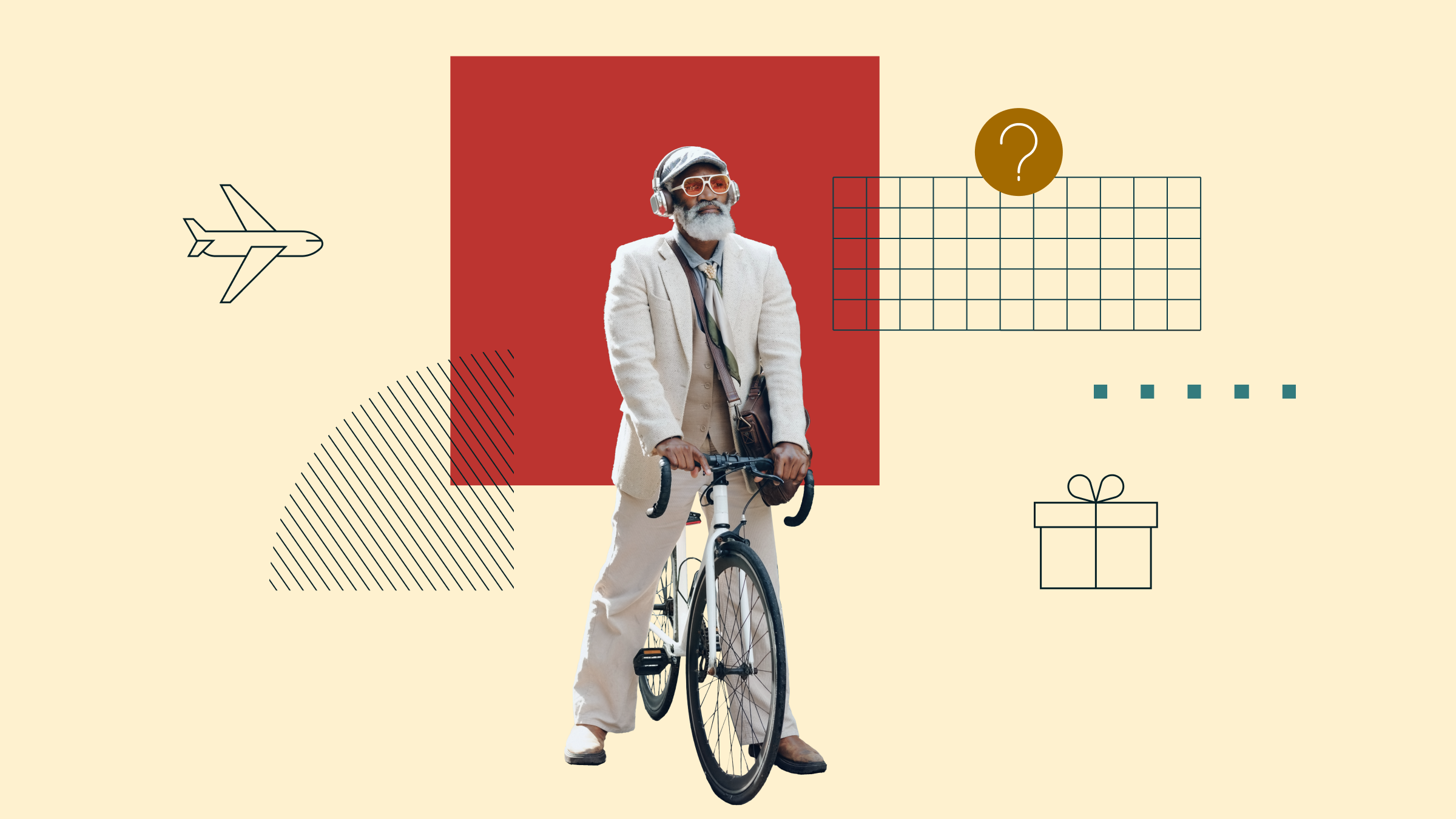 Collage illustration of a retiree riding a bicycle, with icons in the background including a question mark, an airplane, and a gift box
