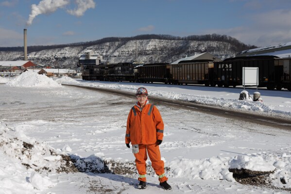 Steelworker Renee Hough stands at U.S. Steel's Clairton Coke Works in Clairton, Pa., on Thursday, Jan. 29, 2026. (Quinn Glabicki/Pittsburgh's Public Source via AP)