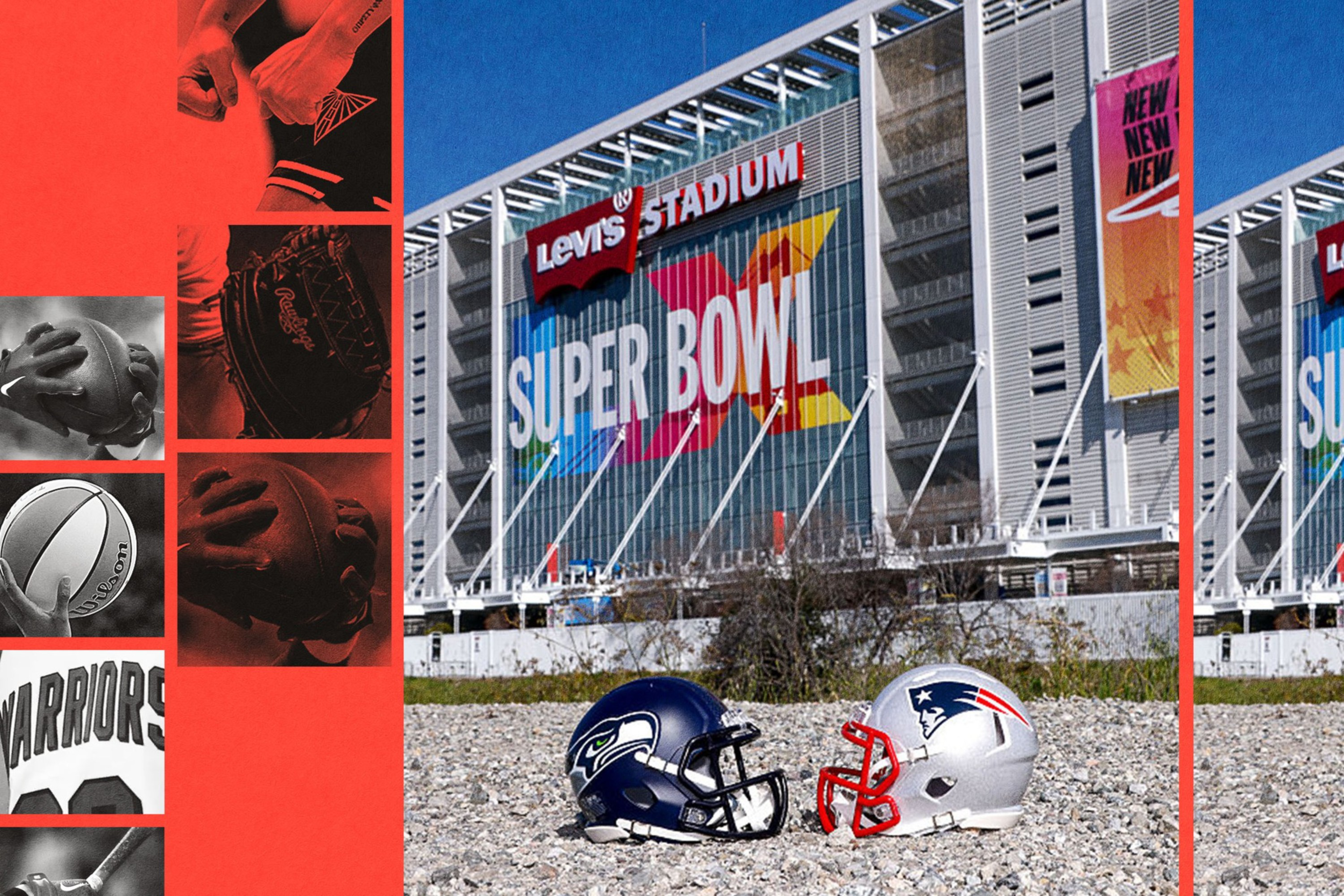 Two football helmets, one Seahawks and one Patriots, face each other on gravel outside Levi's Stadium with a large "Super Bowl" sign in the background.
