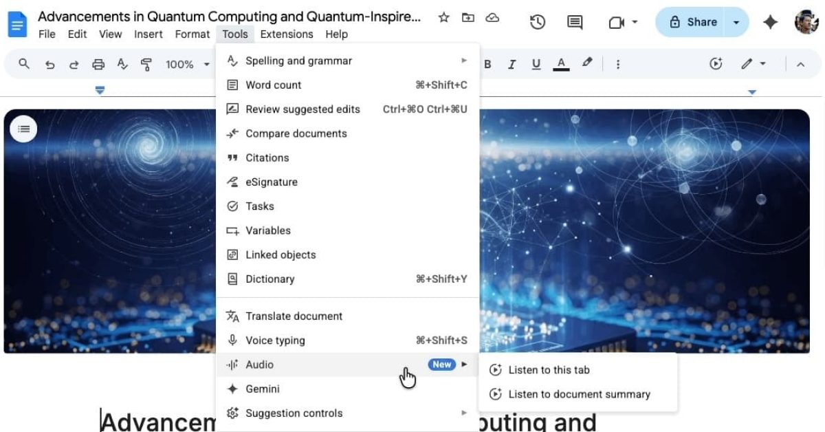 Google Docs rolling out Gemini-powered audio summaries