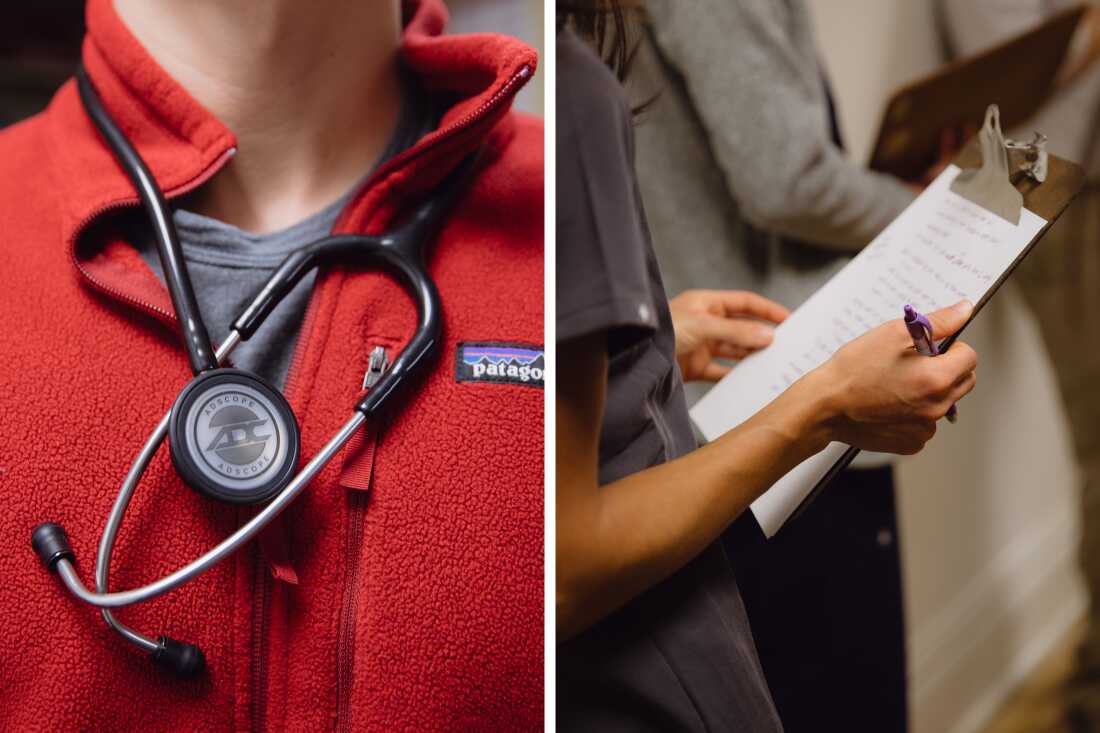A close-up of a medical professional's stethoscope; a medical professional takes notes during a staff meeting at a clinic in Minneapolis.