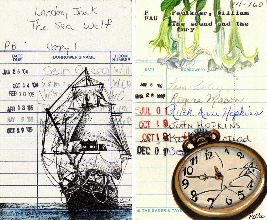 Heidi Pitre's library card art for Jack London's 1904 novel, "The Sea Wolf," at left, and for William Faulkner's 1929 novel, "The Sound and the Fury."
