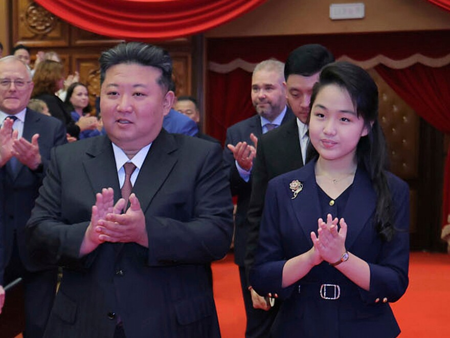 FILE - In this photo provided by the North Korean government, North Korean leader Kim Jong Un, center left, and his daughter, center right, arrive at the East Pyongyang Grand Theatre in Pyongyang, North Korea, June 29, 2025. Independent journalists were not given access to cover the event depicted in this image distributed by the North Korean government. The content of this image is as provided and cannot be independently verified.