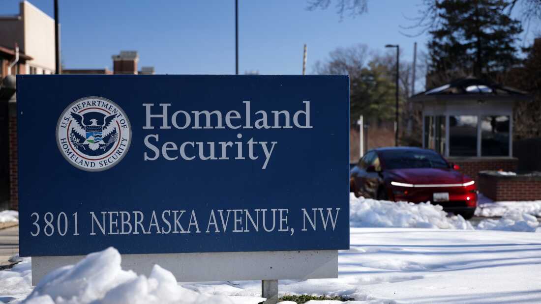 The Department of Homeland Security sign is seen outside its headquarters on Feb. 13, 2026, in Washington, D.C. 