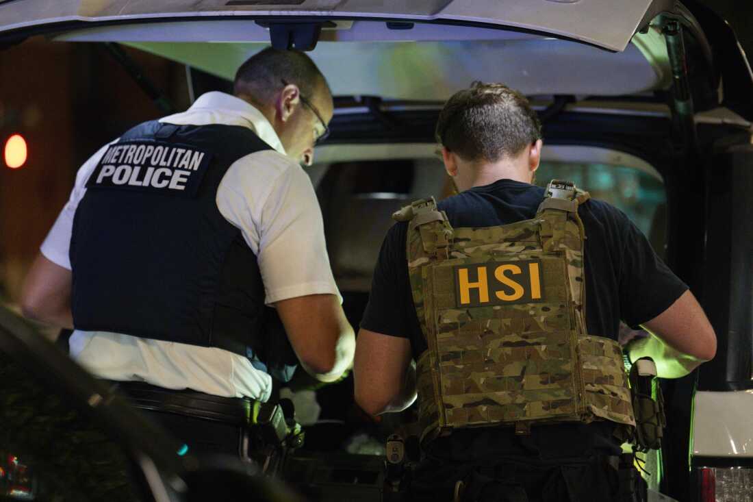 U.S. Federal Bureau of Investigation (FBI), Metropolitan Police Department (MPD), Homeland Security Investigations (HSI), and U.S. Immigration and Customs Enforcement (ICE) officers search the inside of a car during a traffic stop on Aug.14, 2025 in Washington, DC. While D.C. doesn't have a 287(g) agreement, MPD officers can cooperate with federal immigration enforcement agencies.