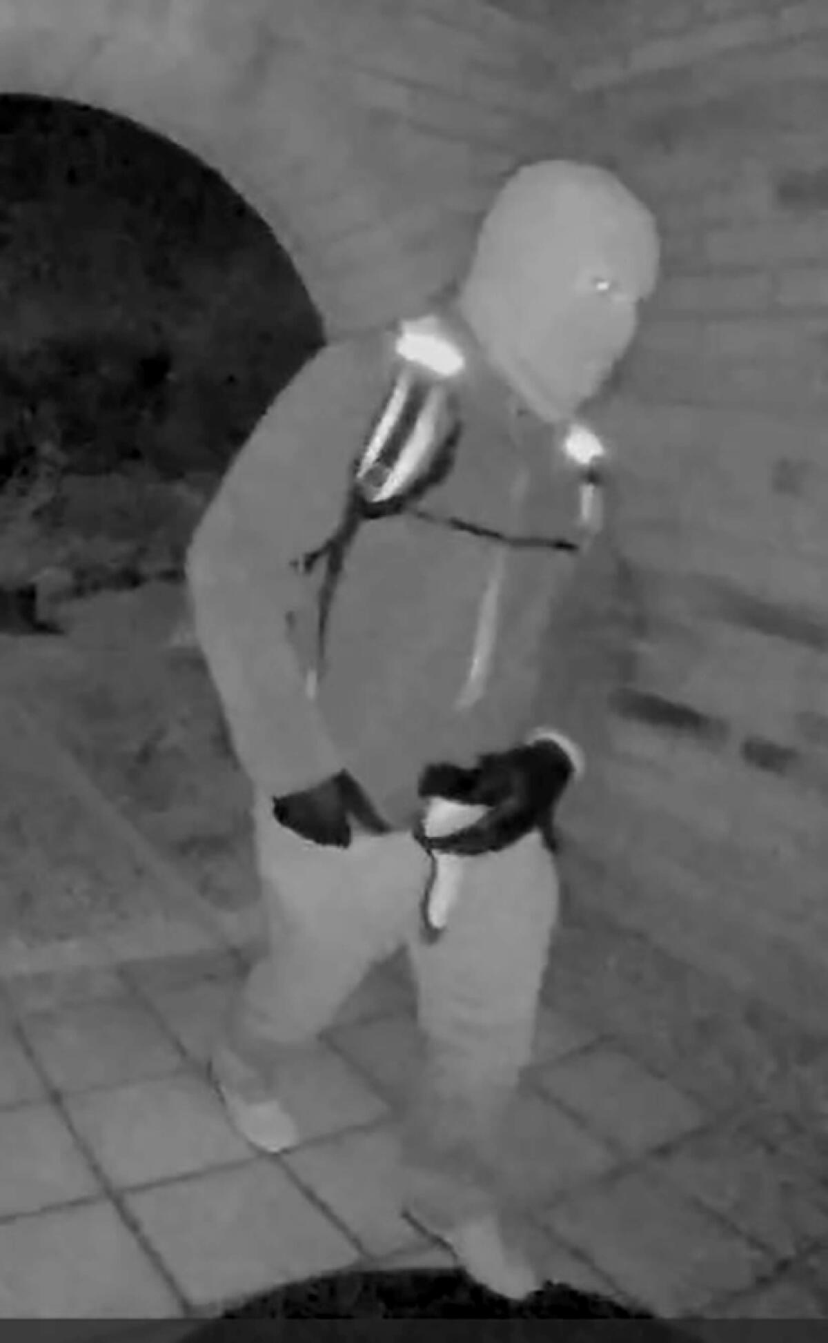 An image from door camera video of a masked person.