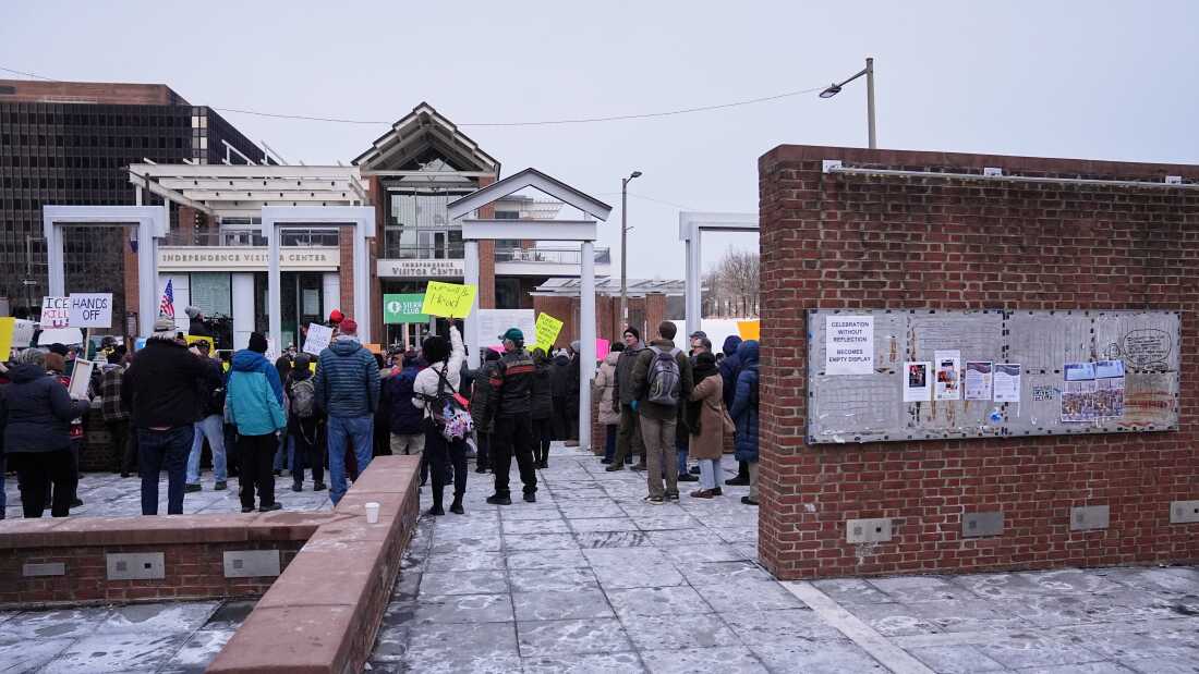 Demonstrators gather to protest removal of explanatory panels that were part of an exhibit on slavery at the President's House Site in Philadelphia, Feb. 10, 2026.
