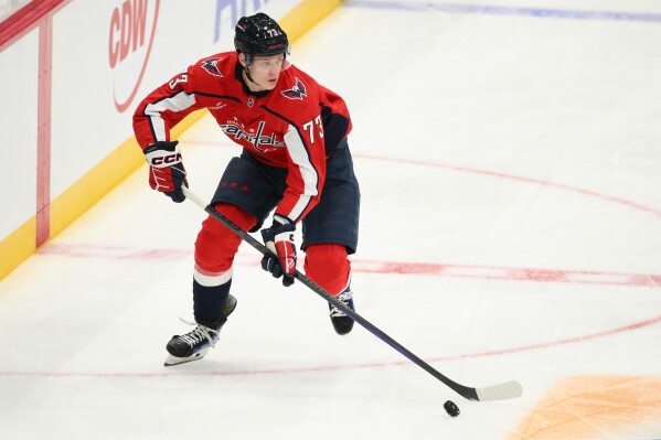 Washington Capitals forward Eriks Mateiko (73) in action during the second period of an NHL preseason hockey game against the Boston Bruins, Oct. 2, 2025, in Washington. (AP Photo/Nick Wass, File)