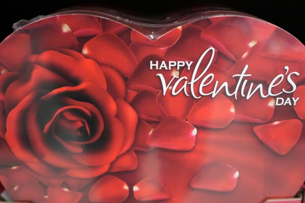 A Valentine's Day box of chocolates is seen on a store shelf Friday, Jan. 16, 2026, in Nashville, Tenn. (AP Photo/George Walker IV, File)