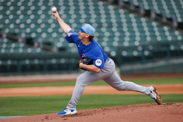 Cubs reliever Hunter Harvey delivers during live batting practice at spring training on Feb. 18, 2026, at Sloan Park in Mesa, Ariz. (Armando L. Sanchez/Chicago Tribune)