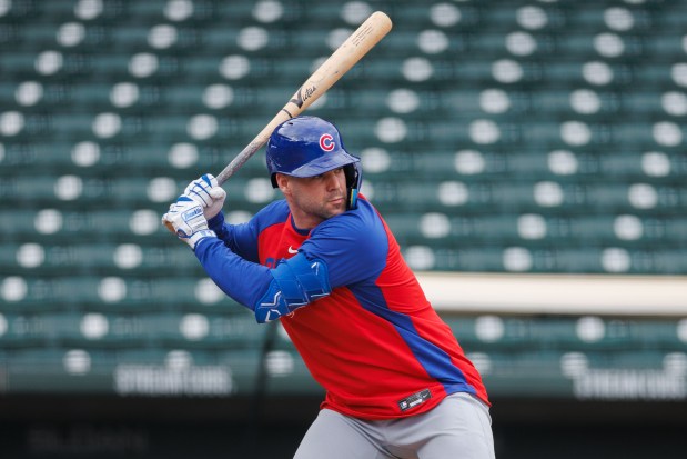 Cubs outfielder Chas McCormick stands at the plate during live batting practice at spring training on Feb. 18, 2026, at Sloan Park in Mesa, Ariz. (Armando L. Sanchez/Chicago Tribune)