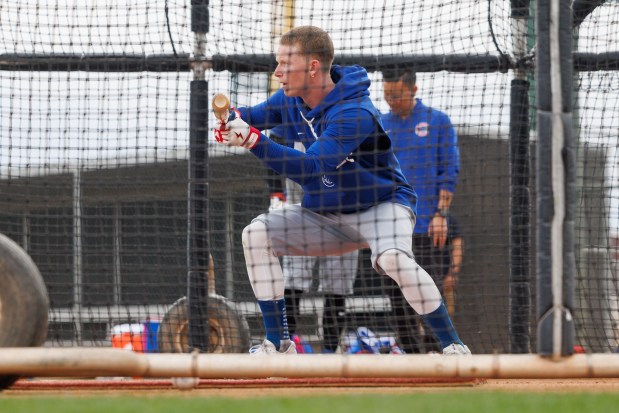 Pete Crow-Armstrong takes batting practice during the first day of the Cubs full-squad workout at spring training at Sloan Park on Feb. 16, 2026, in Mesa, Ariz. (Armando L. Sanchez/Chicago Tribune)