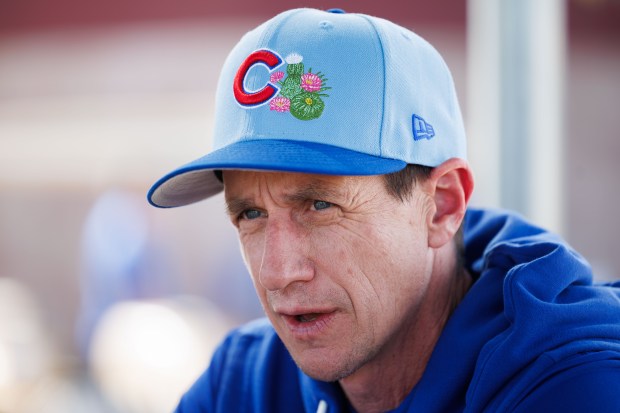 Chicago Cubs manager Craig Counsell speaks with members of the press after practice during spring training at Sloan Park on Feb. 15, 2026, in Mesa, Ariz. (Armando L. Sanchez/Chicago Tribune)
