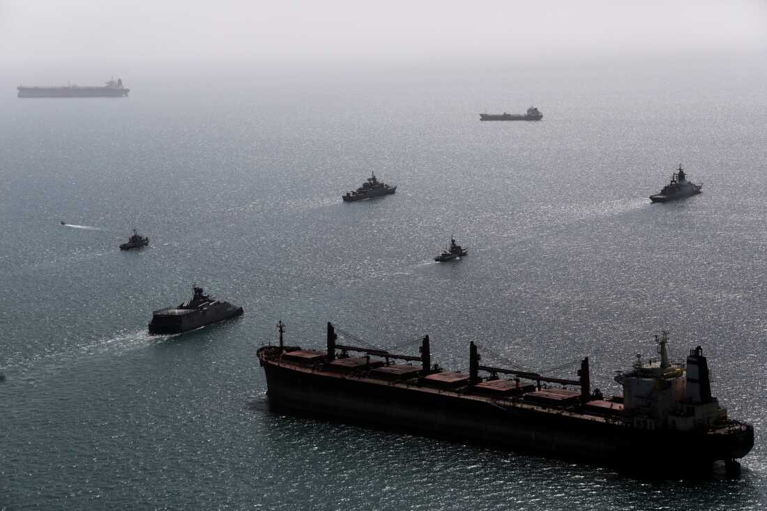 This image provided Thursday Feb. 19, 2026 by the Iranian military and dated Tuesday, Feb. 17, 2025, shows navy ships conducting operations during a join drill by Iranian and Russian forces in the Indian Ocean.