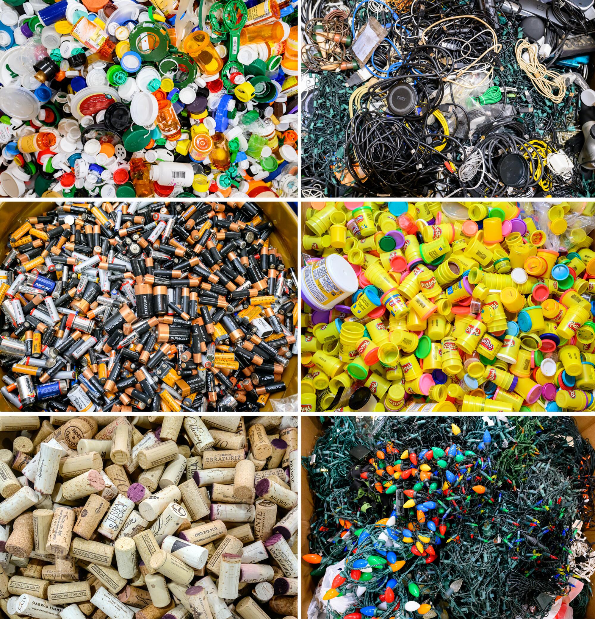 In this composite image, various recyclable items