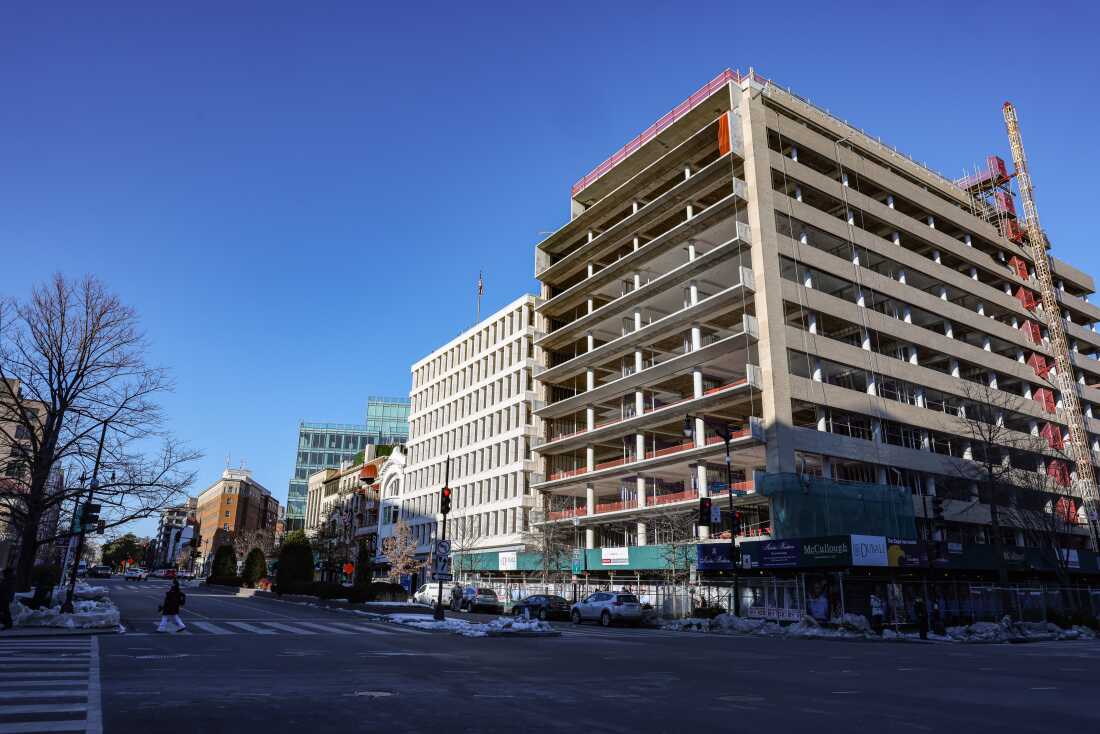The exterior of an office-to-residential building under construction at 1201 Connecticut Ave. NW in Washington, D.C., on Feb. 5, 2026.