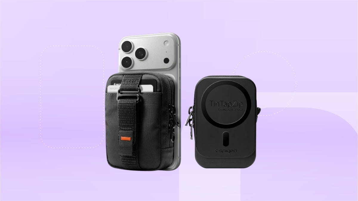 Left: Black magnetic pouch attached to phone, right: backside of pouch against lavender CNET background