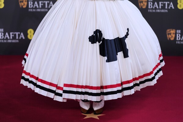 The dress of Audrey Nuna as she poses for photographers upon arrival at the 79th British Academy Film Awards, BAFTA's, in London, Sunday, Feb. 22, 2026. (AP Photo/Alberto Pezzali)