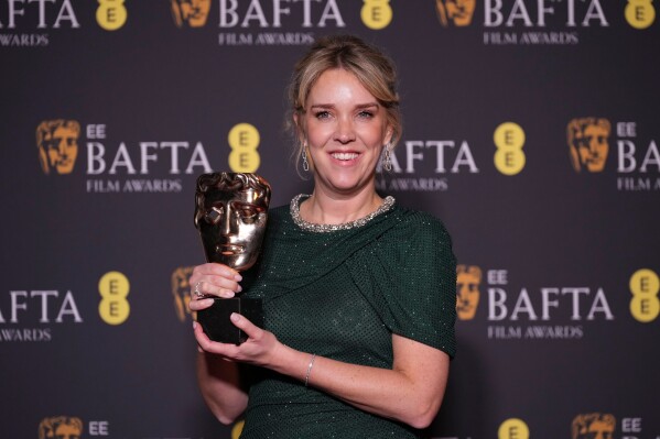 Lauren Evans poses with the award for casting for 'I Swear' at the 79th British Academy Film Awards, BAFTA's, in London, Sunday, Feb. 22, 2026. (AP Photo/Alastair Grant)