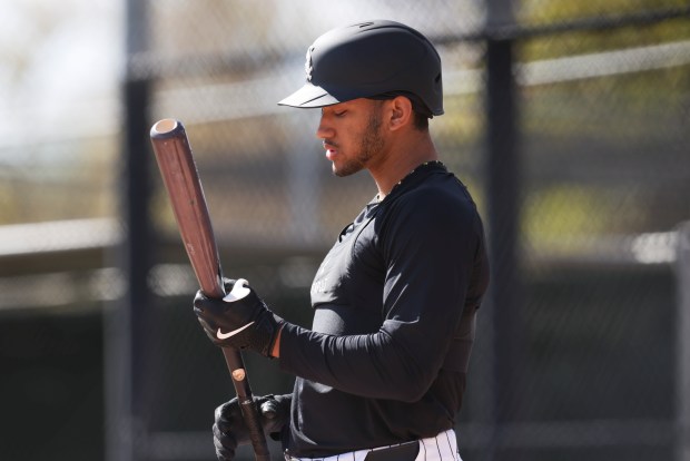 Chicago White Sox's Braden Montgomery takes live batting practice during spring training at Camelback Ranch in Glendale, Ariz., on Tuesday, Feb. 17, 2026. (Eileen T. Meslar/Chicago Tribune)