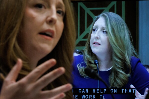 Dr. Casey Means testifies during a Senate Health, Education Labor and Pension Committee confirmation hearing for U.S. Surgeon General on Capitol Hill Wednesday, Feb. 25, 2026, in Washington. (AP Photo/Tom Brenner)