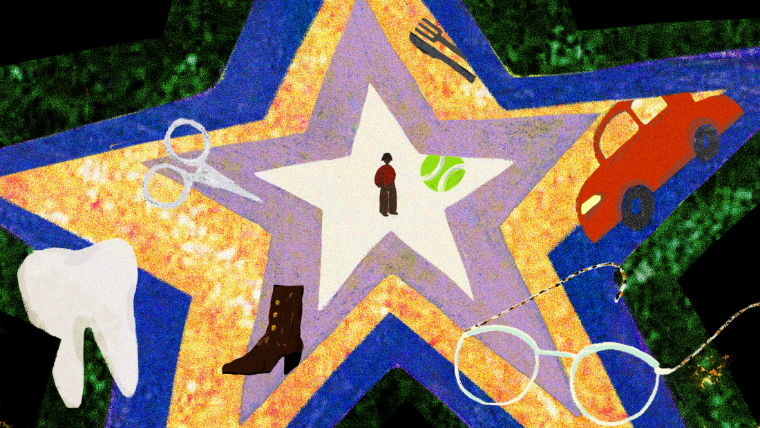 An illustration of a person inside a series of large, colorful stars as items such as a large tooth, a boot, nail scissors, metal cutlery, eye glasses and a red car float by.