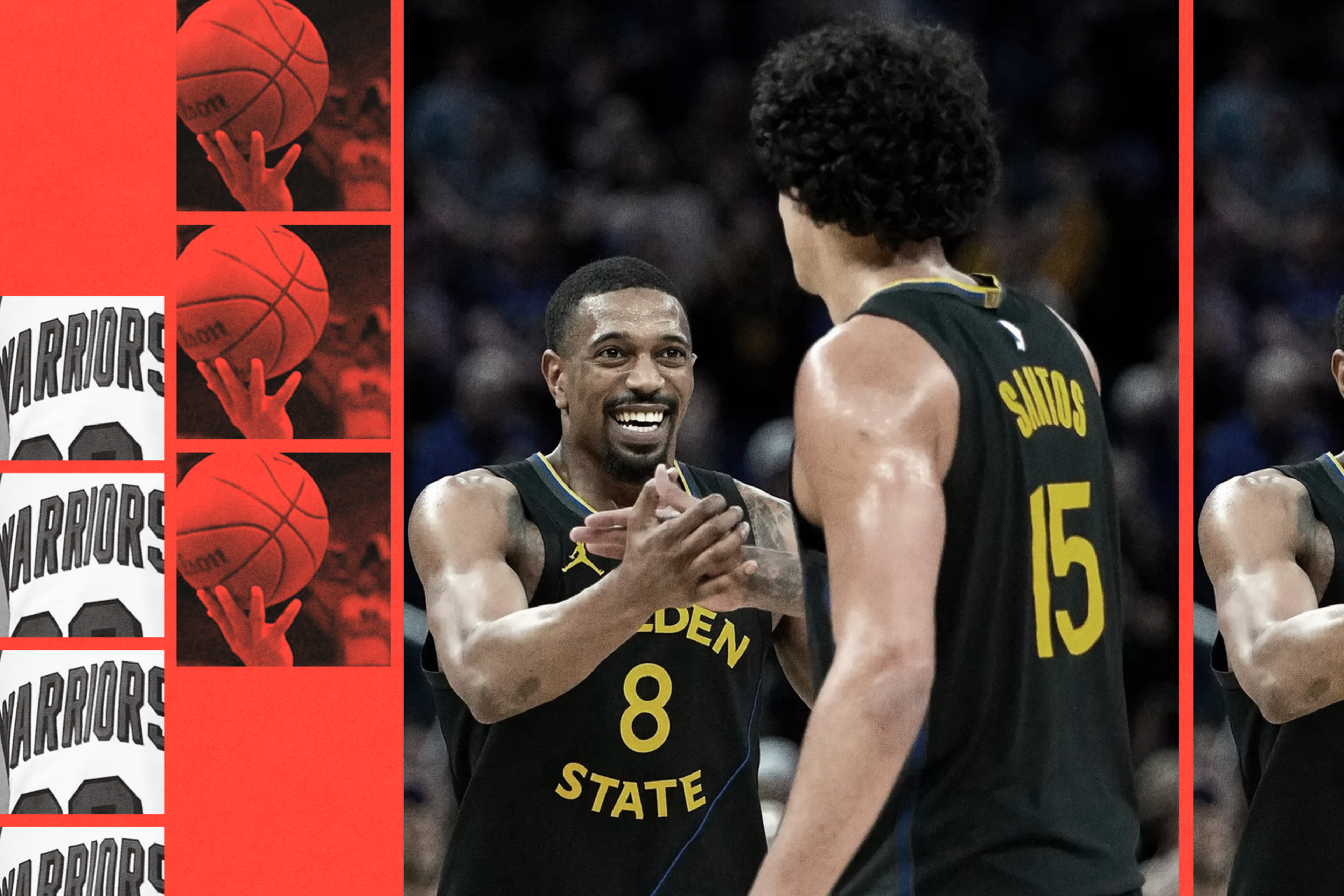 Two Golden State Warriors players, number 8 and number 15 with "Santos" on his jersey, are smiling and exchanging a handshake during a game.