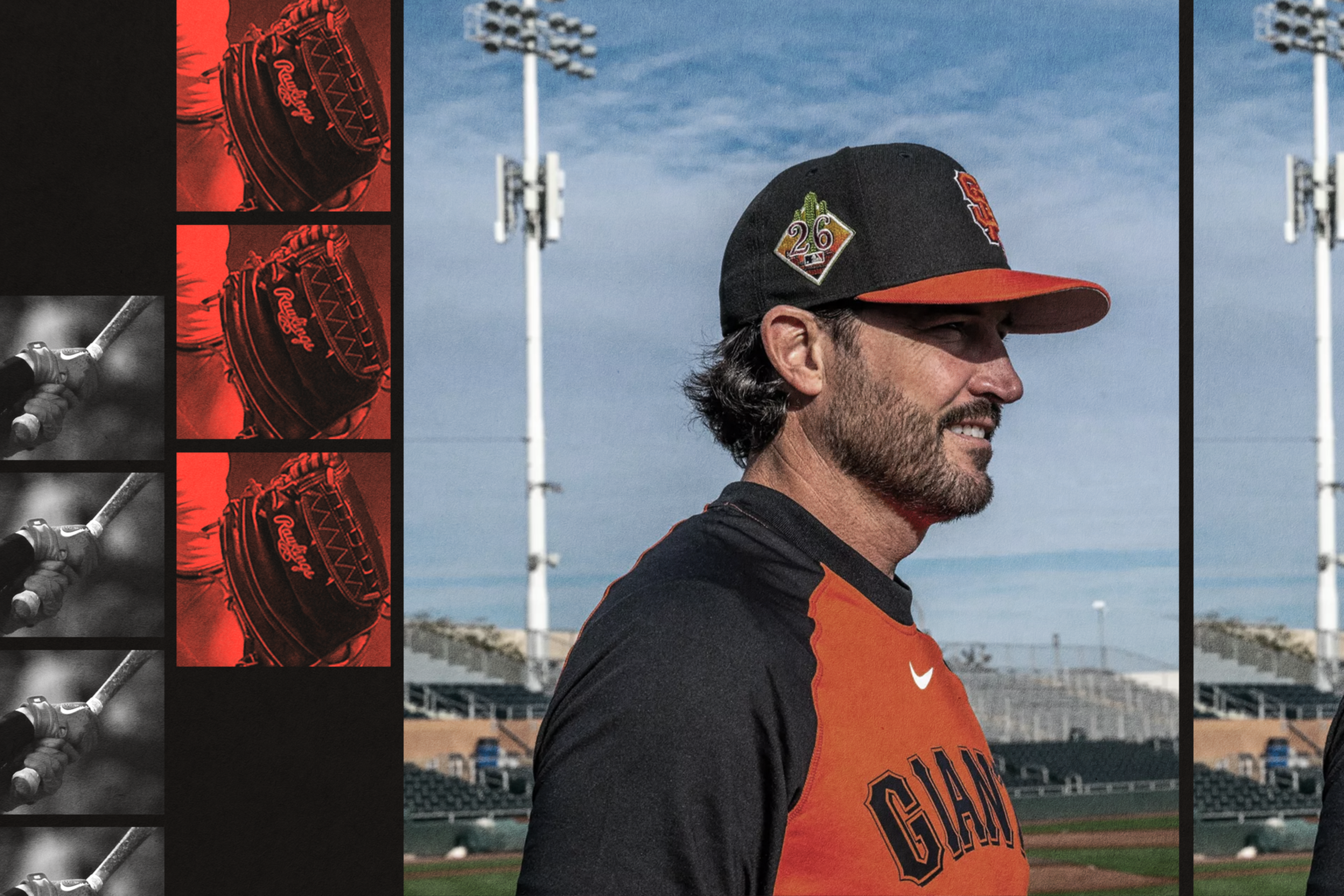 A baseball player wearing a black and orange Giants uniform faces right on a field with stadium lights and bleachers behind him.
