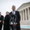 WASHINGTON, DC - DECEMBER 7: (L-R) Allison Riggs, chief counsel of voting rights at the Southern Coalition for Social Justice, Kathay Feng, national redistricting director at Common Cause, and Attorney Neal Katyal talk to reporters outside the U.S. Supreme Court after they attended oral arguments in the Moore v. Harper case December 7, 2022 in Washington, DC. The Moore v. Harper case stems from the redrawing of congressional maps by the North Carolina GOP-led state legislature following the 2020 Census. The map was struck down by the state supreme court for partisan gerrymandering that violated the state constitution. Also at issue in the case is the independent state legislature theory, a theory that declares state legislatures should have primary authority for setting rules of federal elections with few checks and balances. (Photo by Drew Angerer/Getty Images)