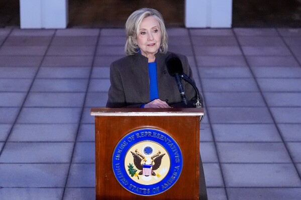 Former Secretary of State Hillary Clinton speaks outside the Chappaqua Performing Arts Center, after testifying before U.S. House lawmakers as part of a congressional investigation into convicted sex offender Jeffrey Epstein, Thursday, Feb. 26, 2026, in Chappaqua, N.Y. (AP Photo/Yuki Iwamura)