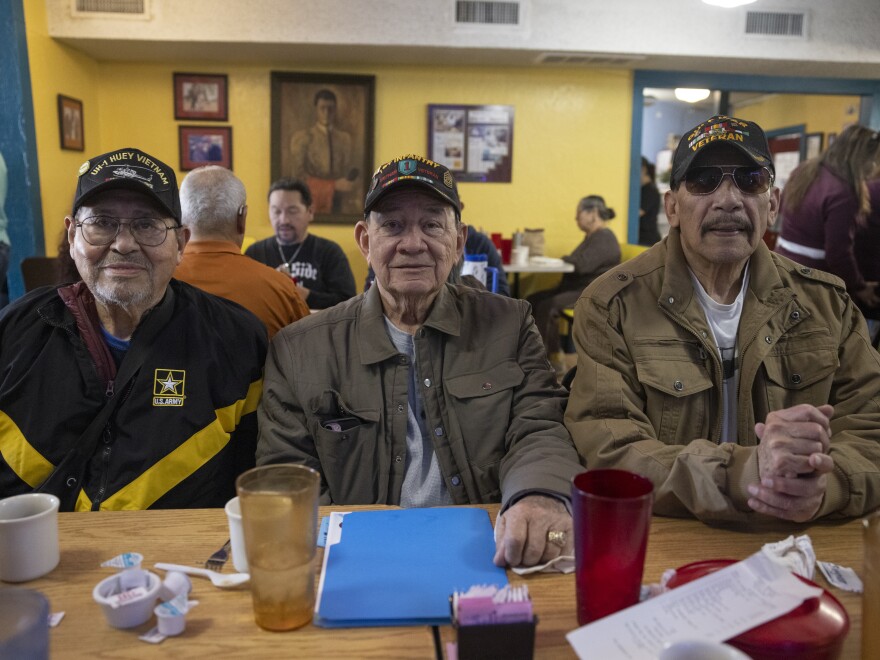 Army veterans from left to right Frank Maldonado, Benny Aleman, and Chris Sanchez meet for breakfast at Joe's Bakery in Austin, Texas on Jan. 28.