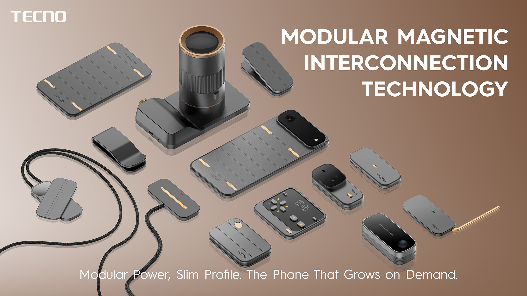 Render of Tecno’s MWC 2026 modular phone concept laid out on a brown background