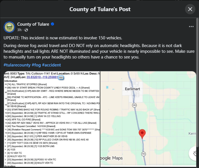 A screenshot of the County of Tulare's Facebook post incorrectly estimating the number of vehicles involved in the Highway 99 pileup on Saturday, Jan. 31, 2026.