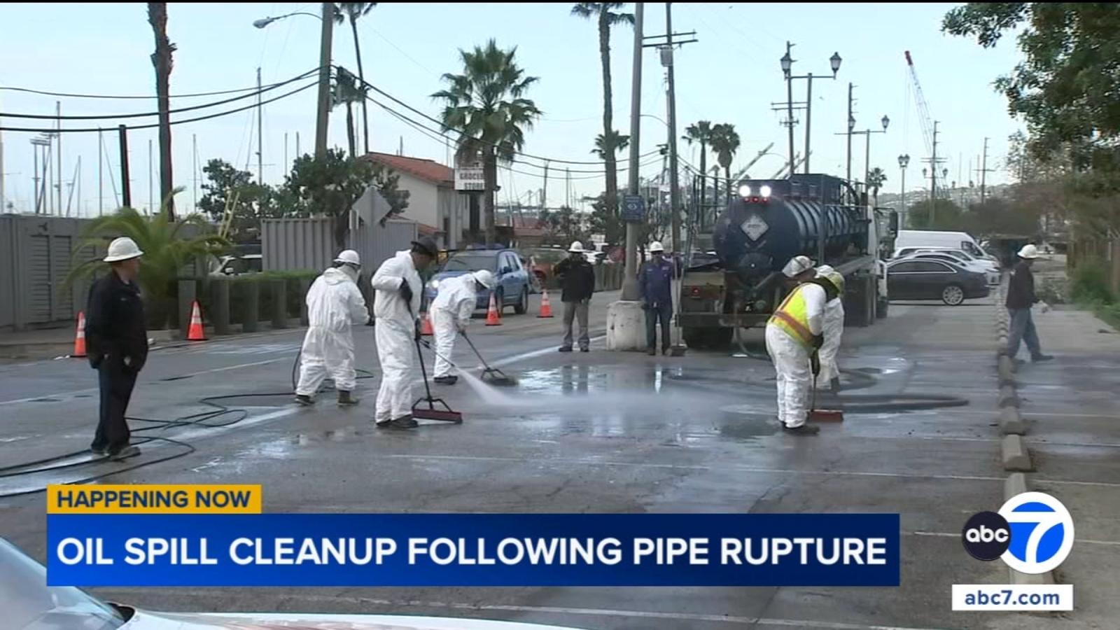 Ruptured pipe spills oil near marina at Port of Los Angeles in Wilmington