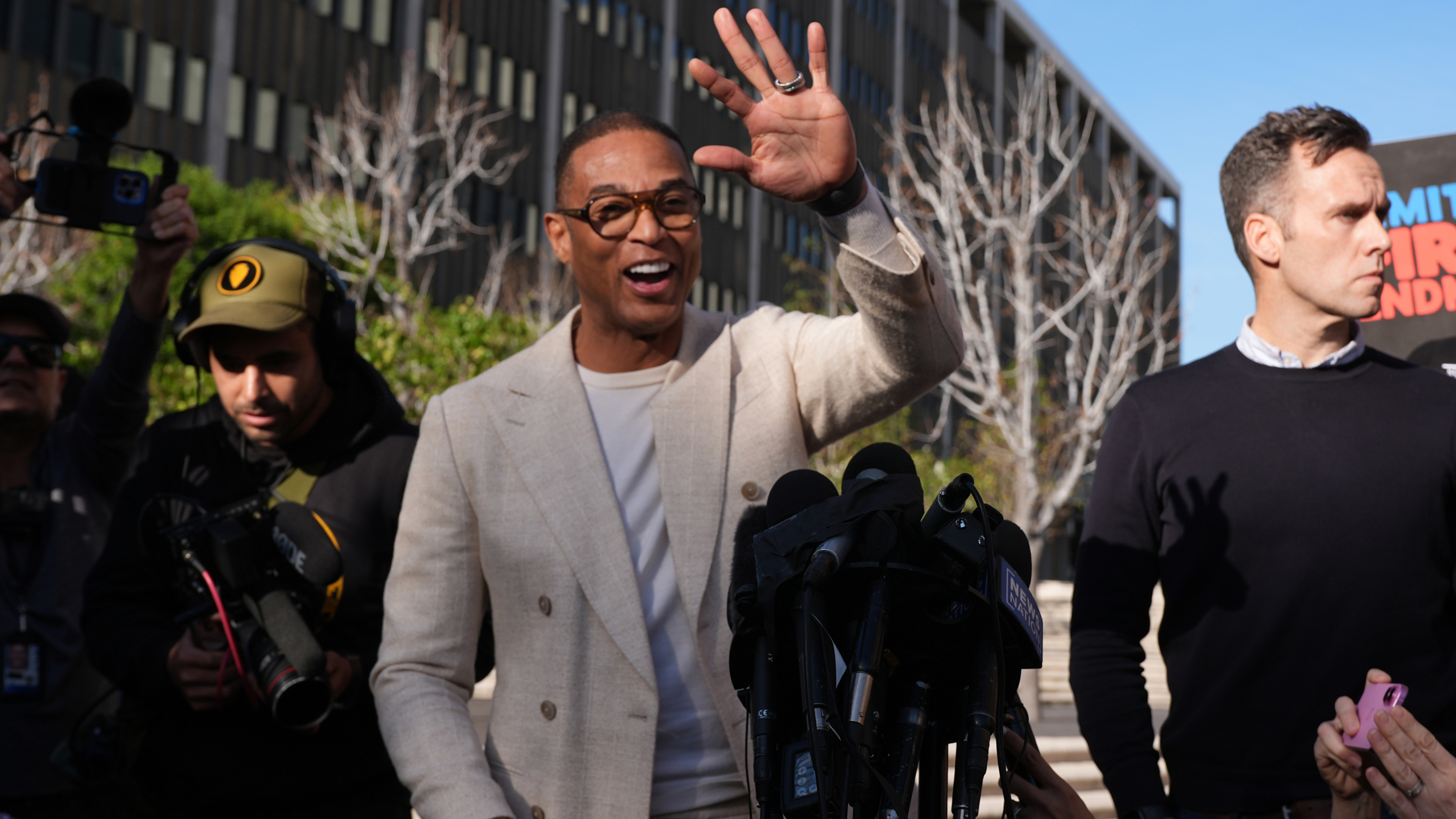 Journalist Don Lemon, waves to the media after a hearing outside the Edward R. Roybal Federal Building in Los Angeles on Friday, Jan. 30, 2026. 